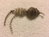 handmade cat toy mouse with short hair on body and long feather tail