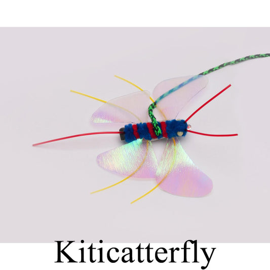 Neko Flies are high quality interchangeable toys designed to attach to cat toy wands - the kiticatterfly is made from a variety of synthetic materials, lightweight with transparent iridescent wings and multi-coloured legs, antennae and tail