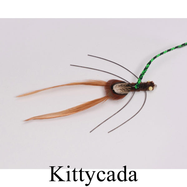 Neko Flies are high quality interchangeable toys designed to attach to cat toy wands - the kittycada is made from a variety of synthetic materials with a feather tail, lightweight, shades of brown to look like a cicada