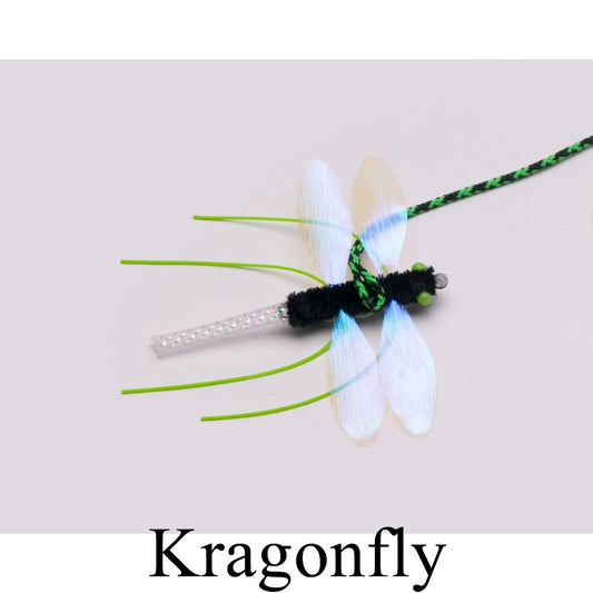 Neko Flies are high quality interchangeable toys designed to attach to cat toy wands - the kragonfly  is made from a variety of synthetic materials, lightweight with transparent iridescent wings, black body with green legs and eyes